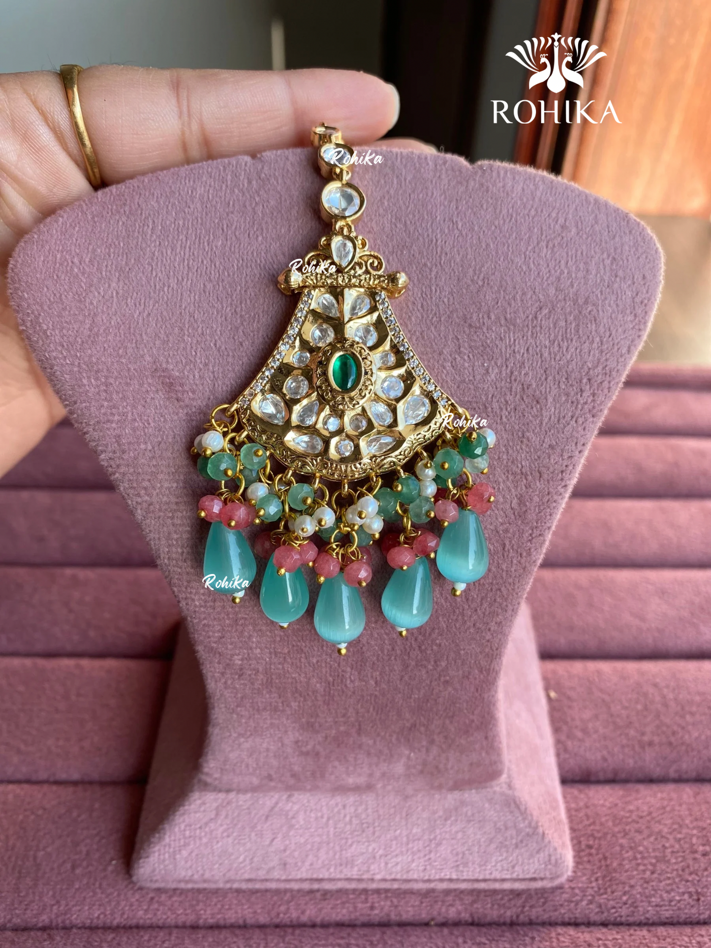 Polki kundan maangtikka (PLKM-039) - Mint green & pink