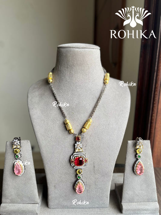 Saabya inspired fusion necklace set (SS015)- Red and Pink