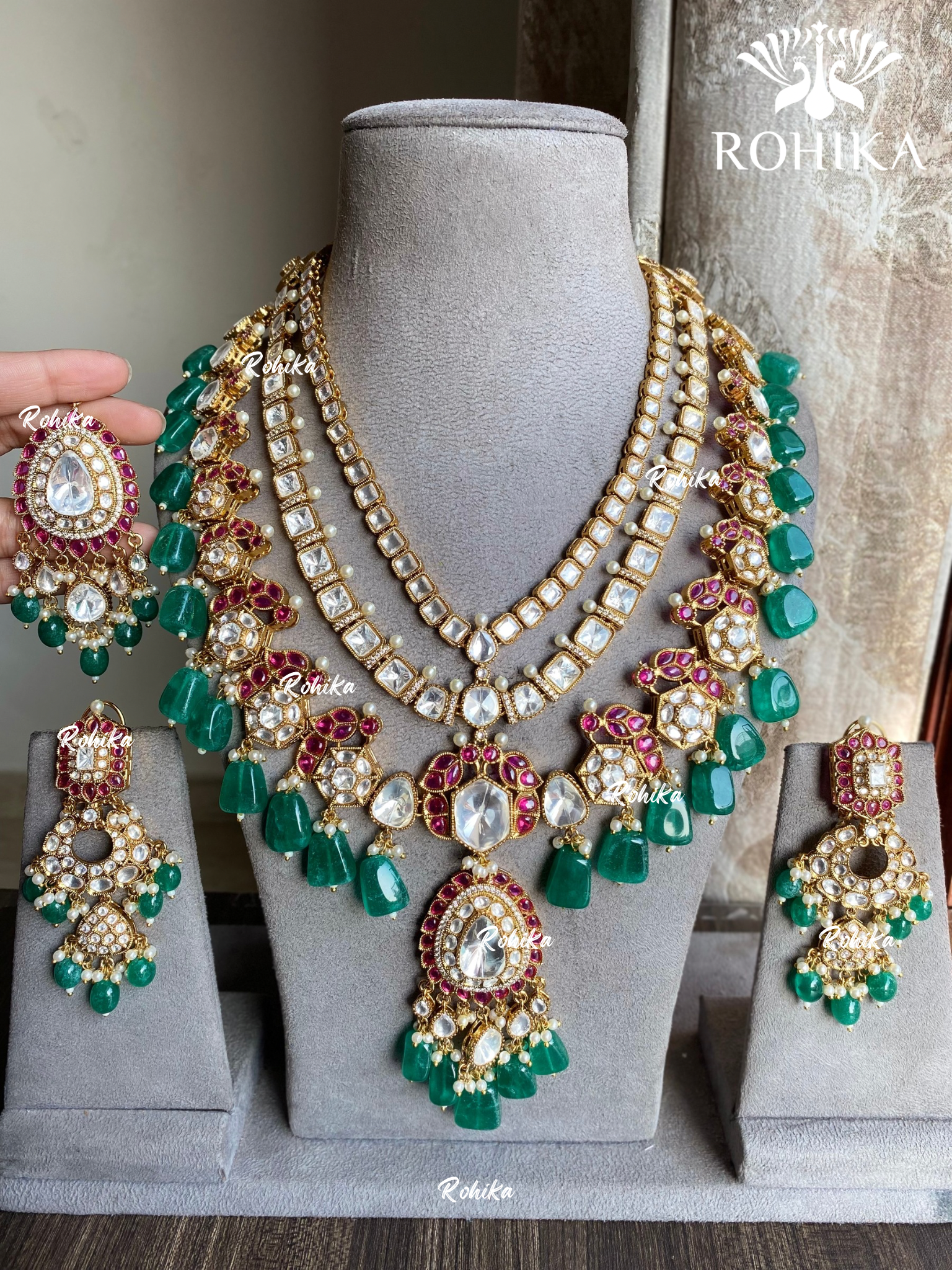 Anika bikaneri jadau kundan long necklace set - Green and Pink