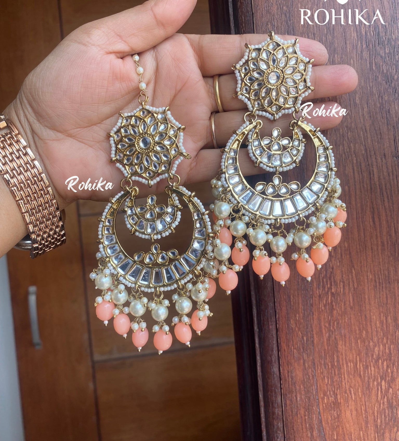 Paakhi earrings and maangtikka combo - Peach