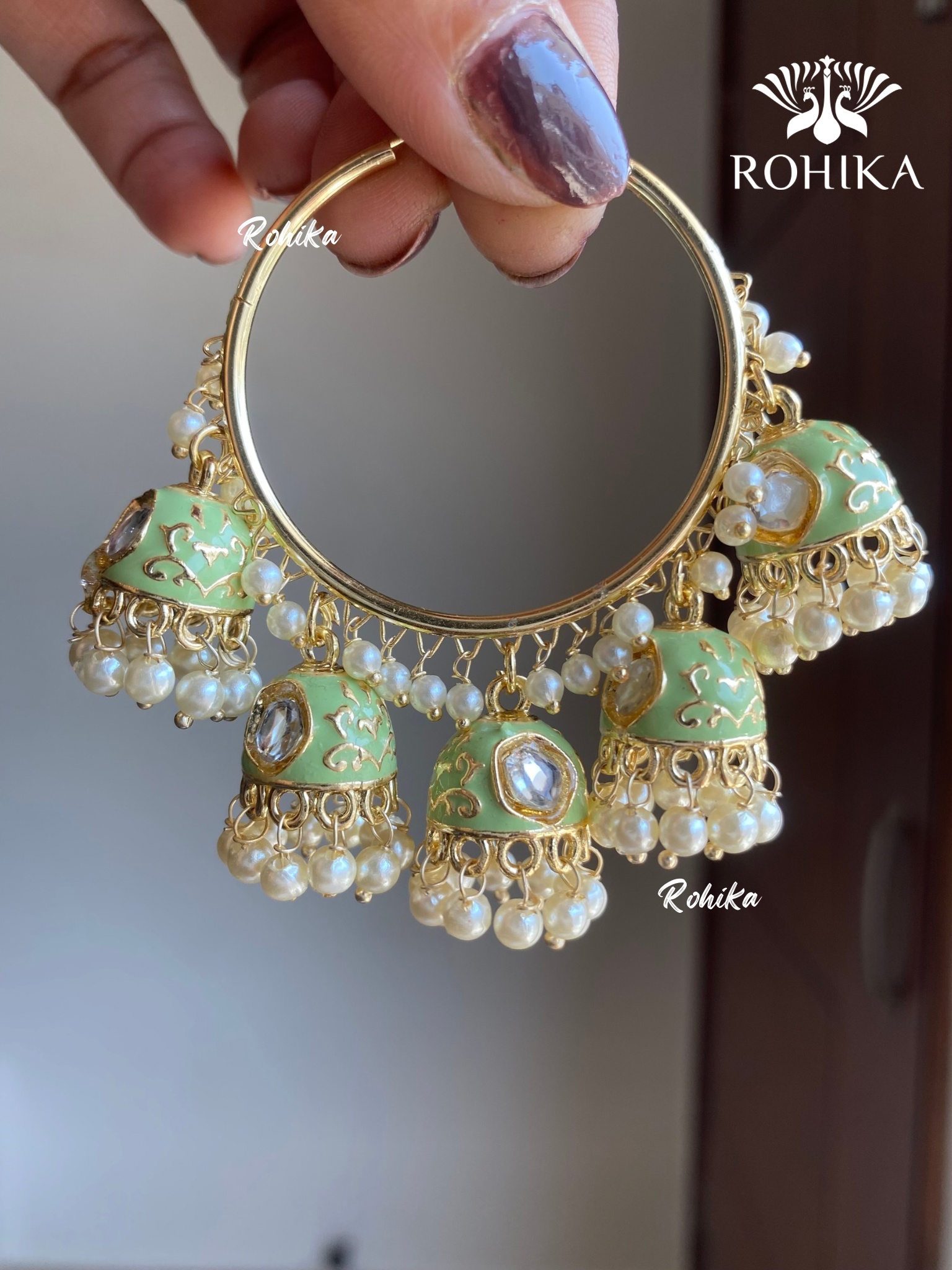 Neena meenakari jhumki bali earrings - Mint green