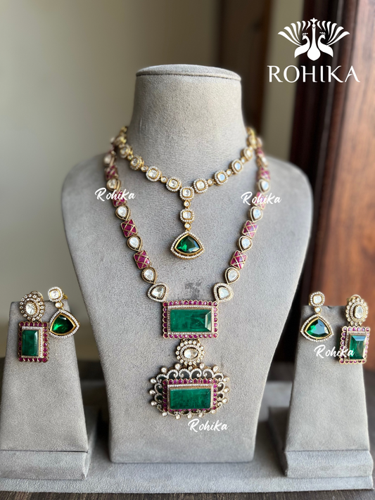 Keshavi moisinite kundan combo set - Green