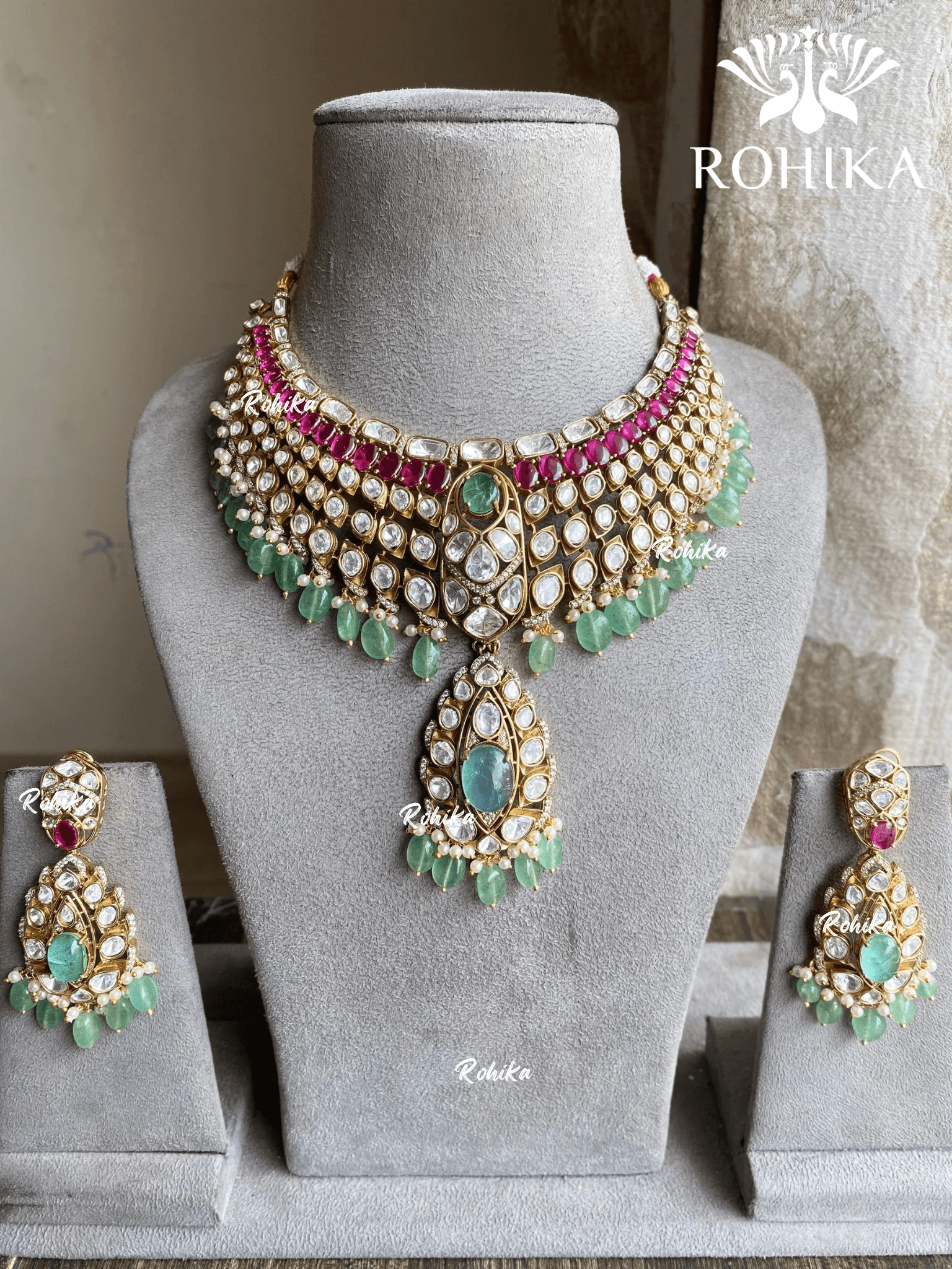 Mukti moisanite necklace set - Mint green and Pink