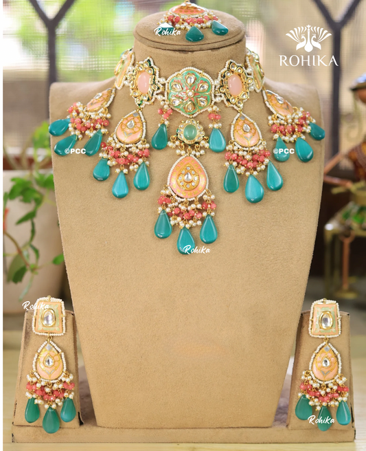 Unnati meenakari kundan choker set - Mint green & red