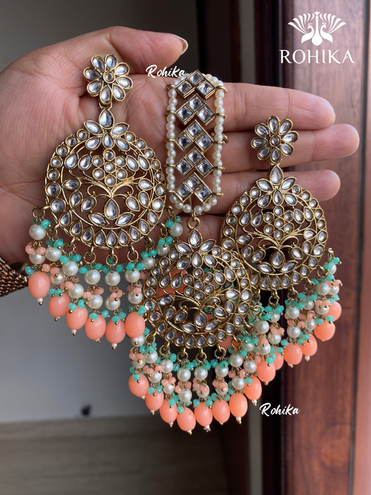 Sapna earrings and maangtikka combo - Peach