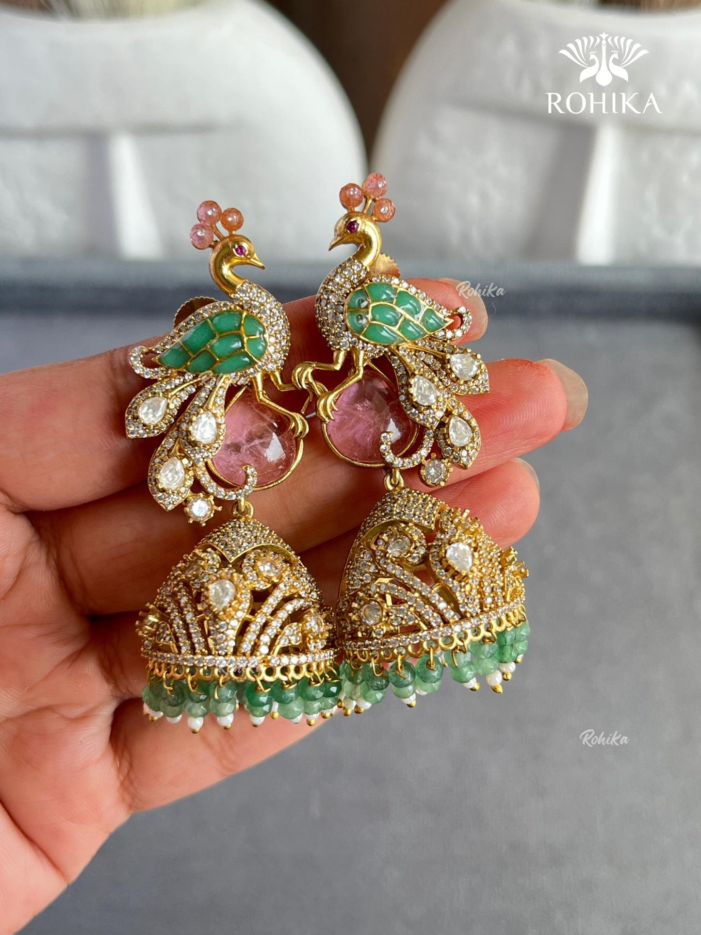 Kanishka Kundan Earrings -Pink And Mint Green