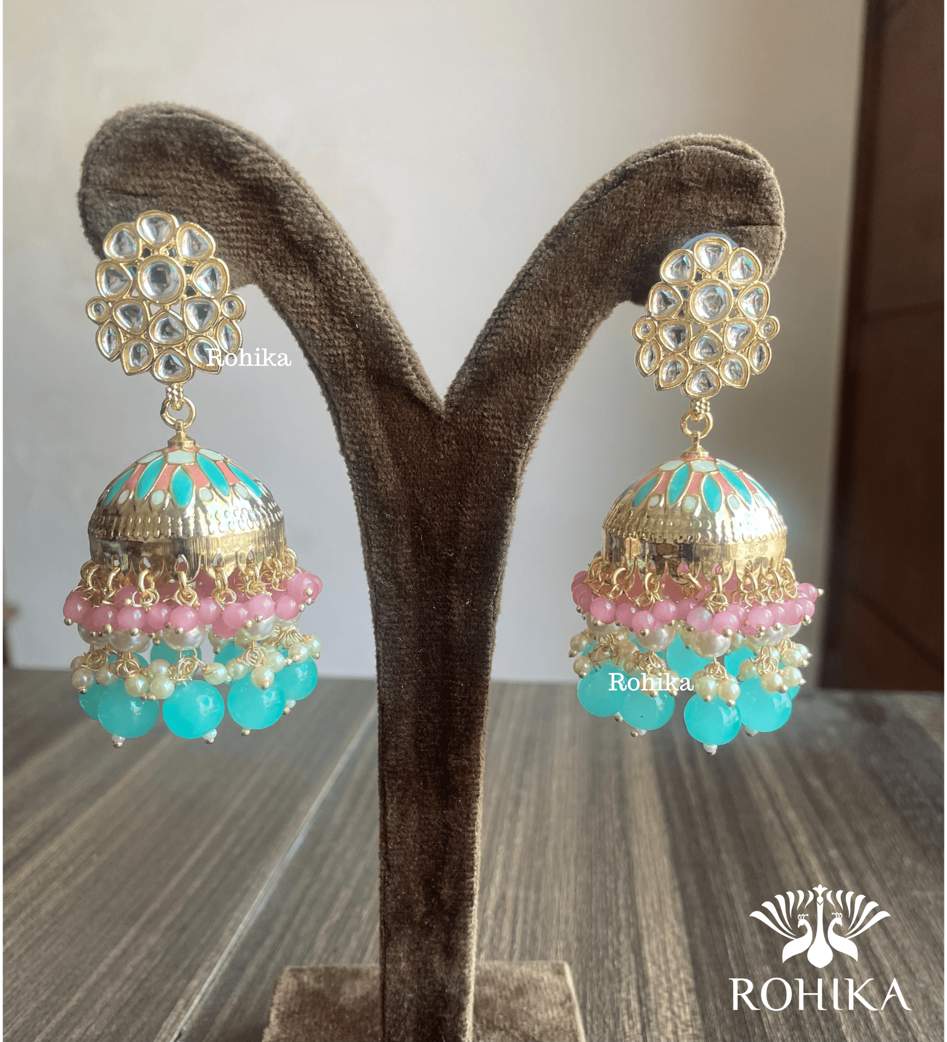 Rashmika jhumka earrings Pink and sky blue Rohika Store
