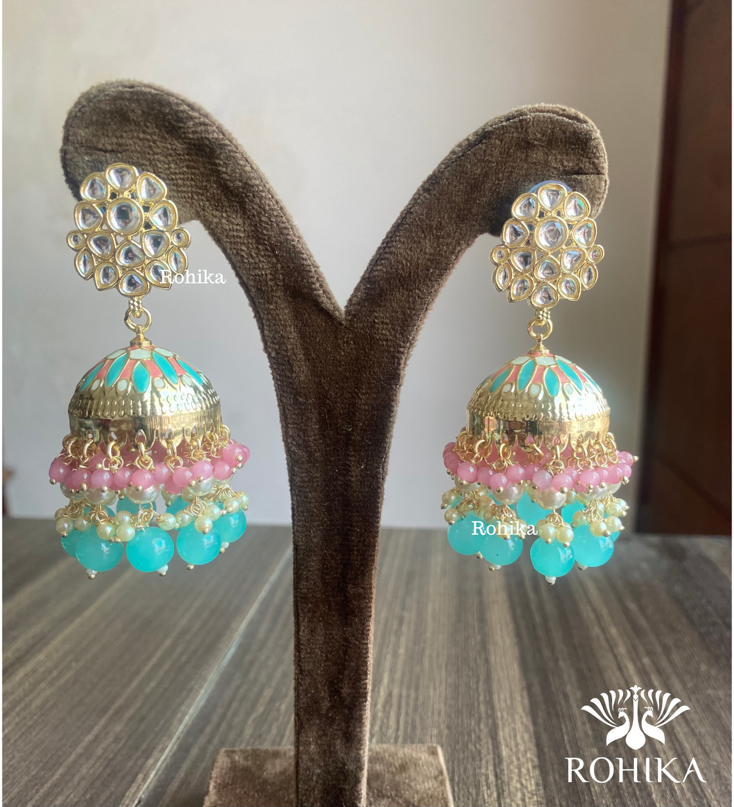 Rashmika jhumka earrings - Pink and sky blue