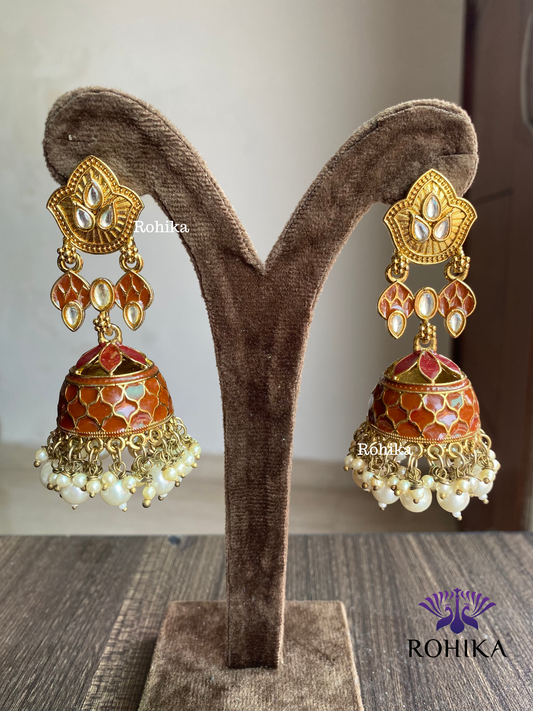 Blossom meenakari jhumka - Brown