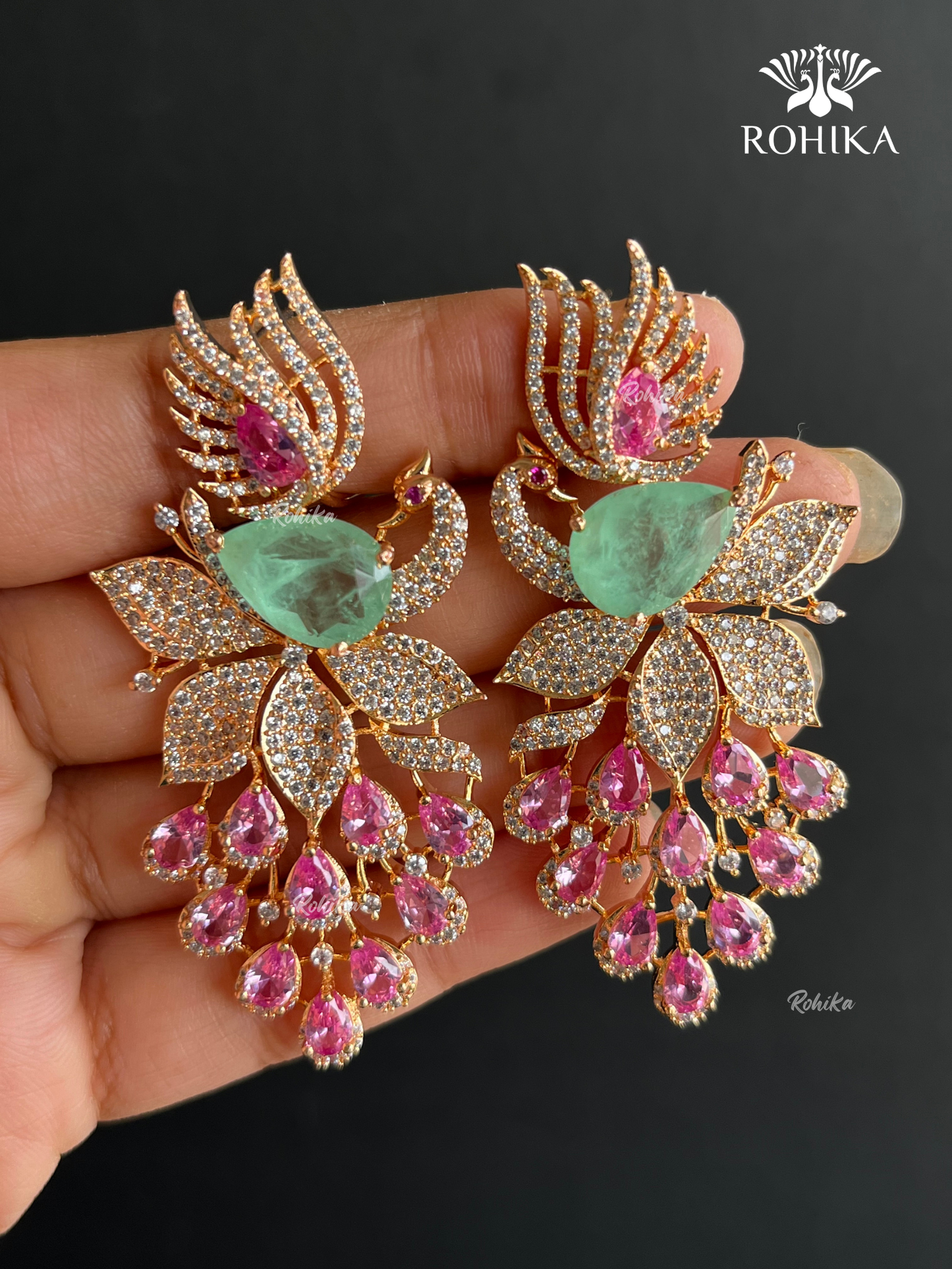 Akruti American Diamond  Earrings - Mint Green And Pink