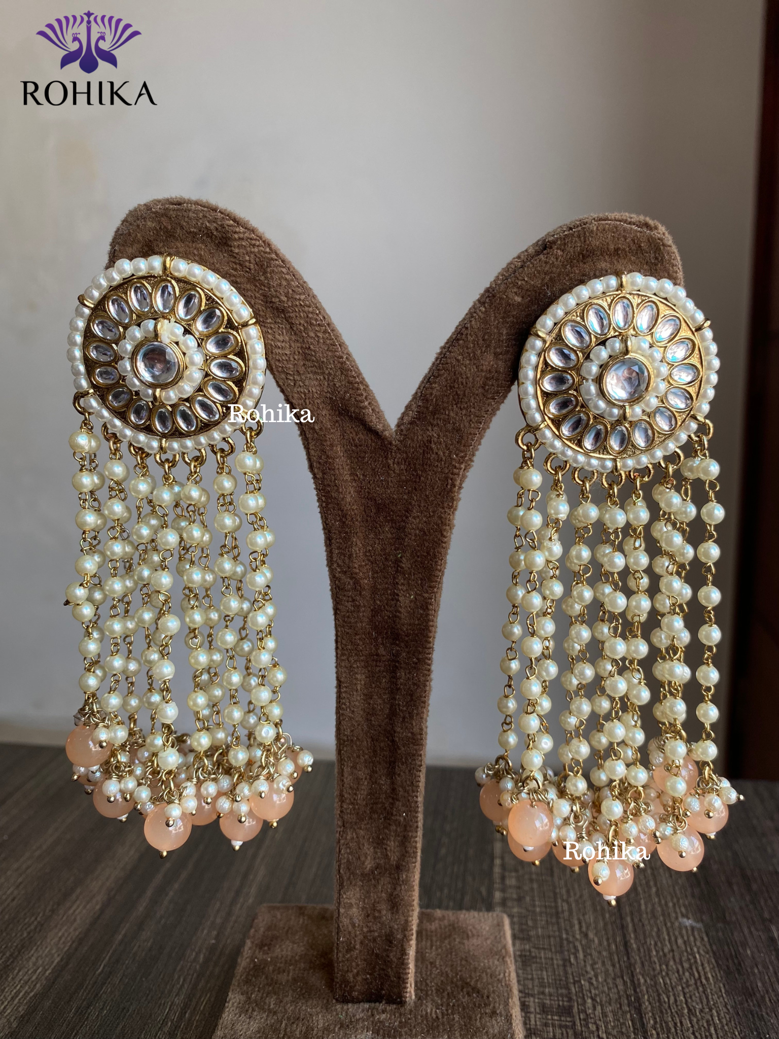 Pearl kundan earrings - Peach