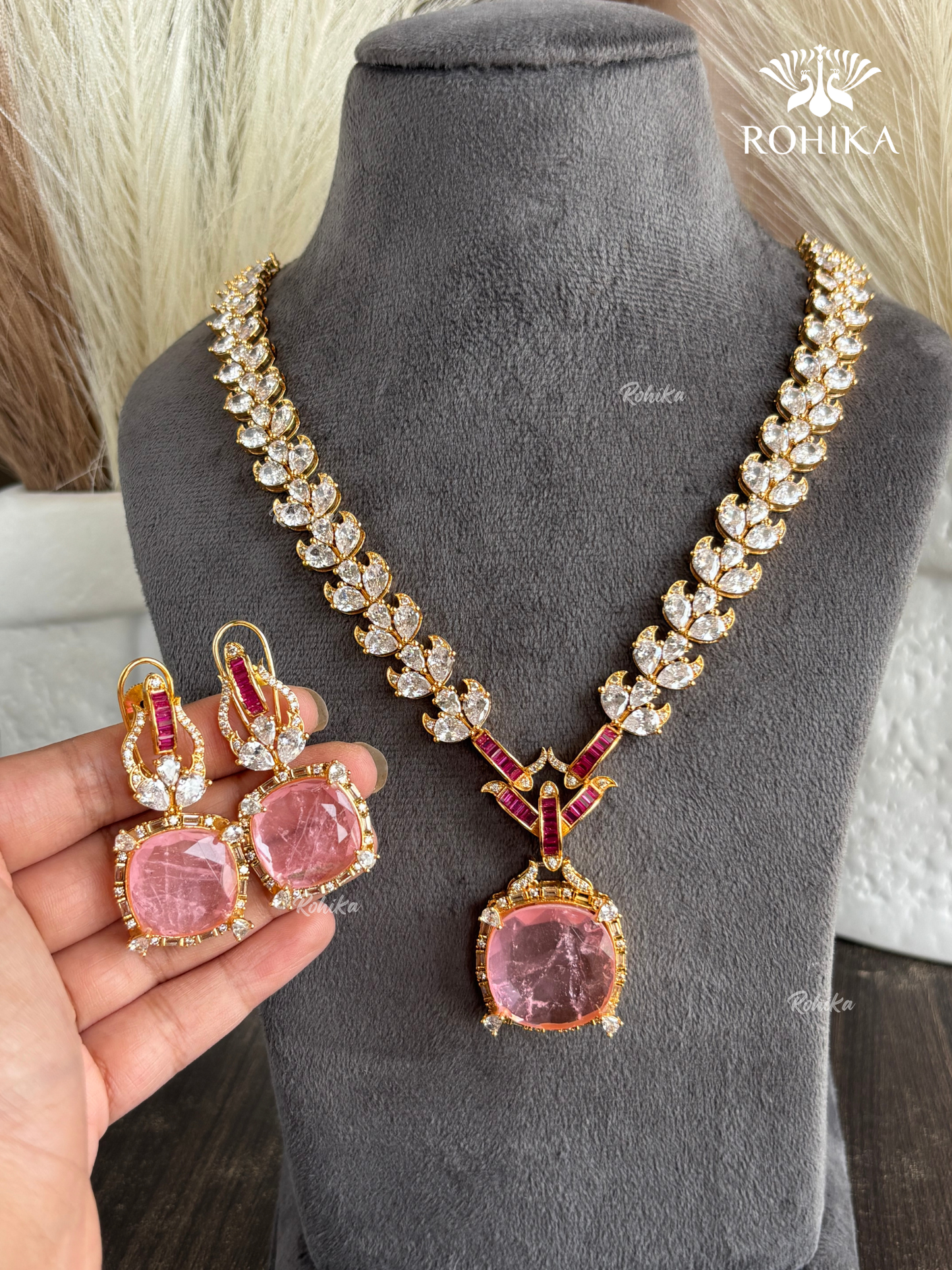 Farah AD Doublet Long Necklace Set - Pink
