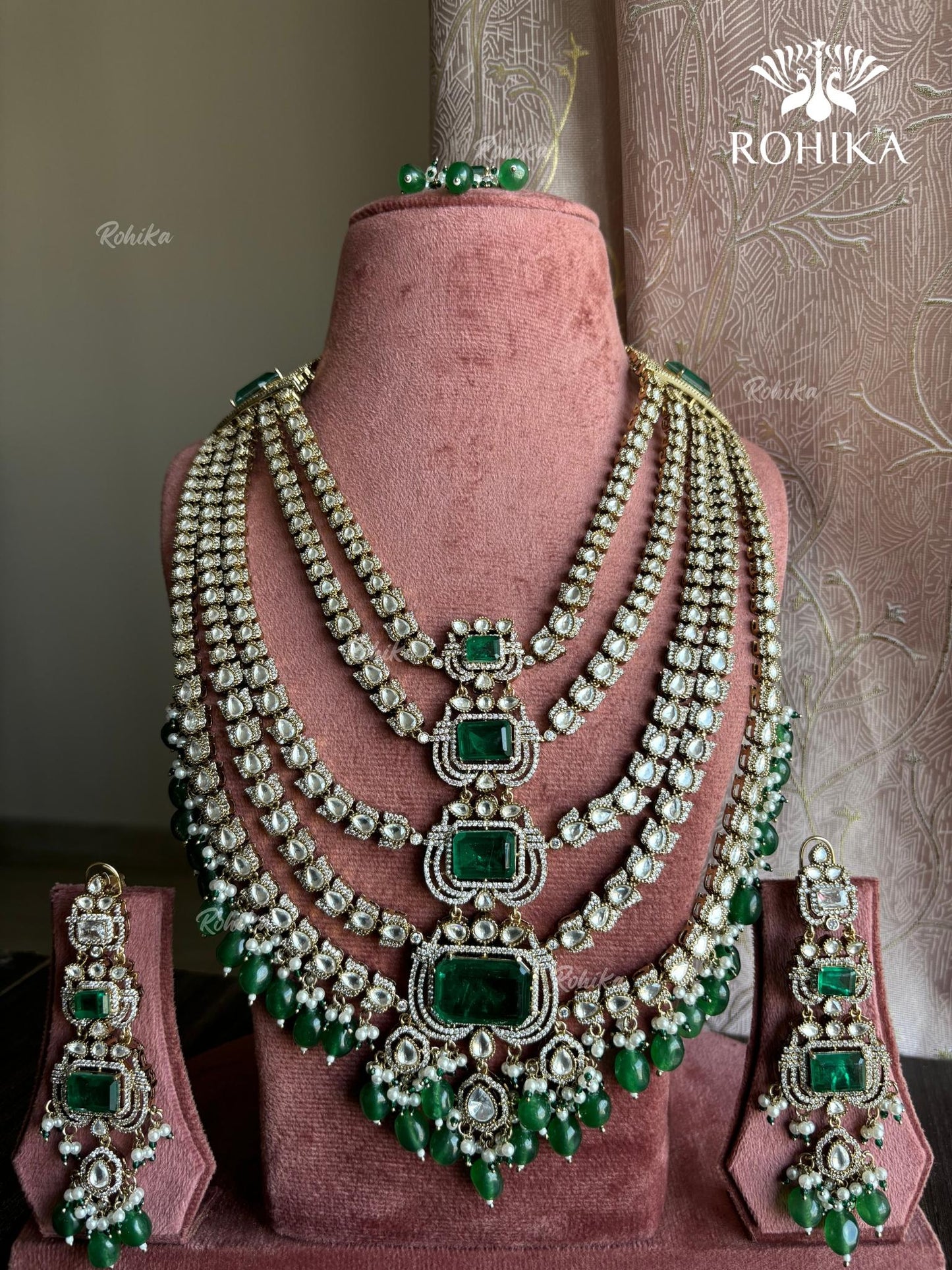 Alani Polki Kundan Long Bridal Necklace Set - Dark Green