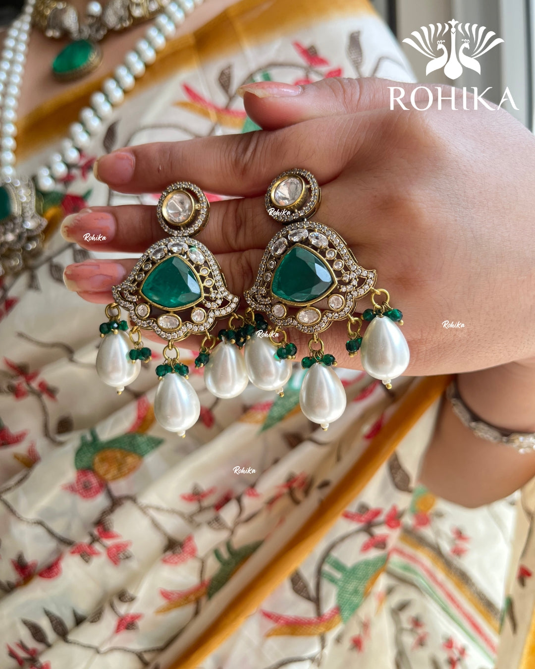Adhrit Polki Kundan Doublet Long Necklace Set - Dark green