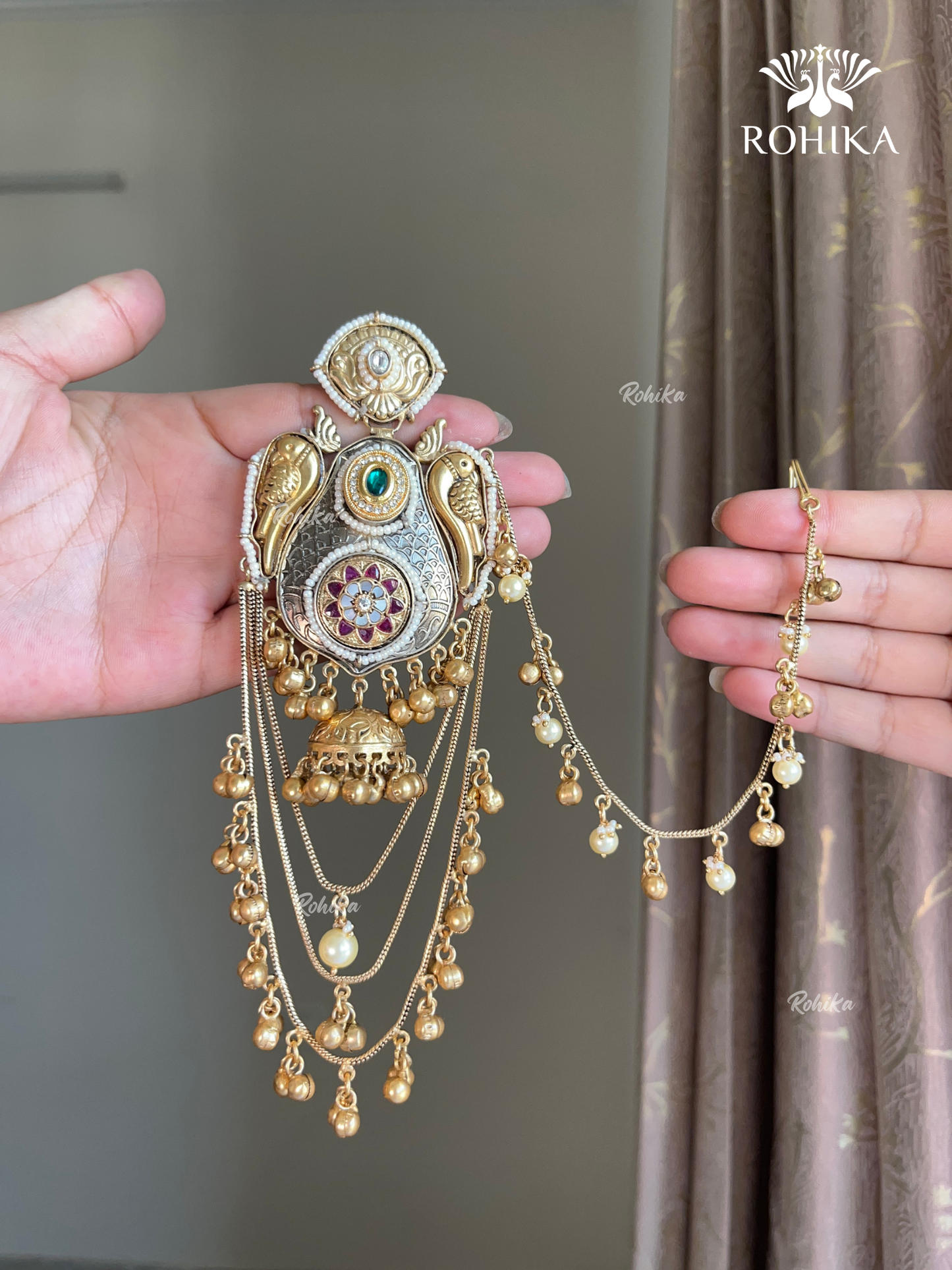 Piya polki  jhumka earrings with earchains(EE-005)- Dark green and Ruby Red