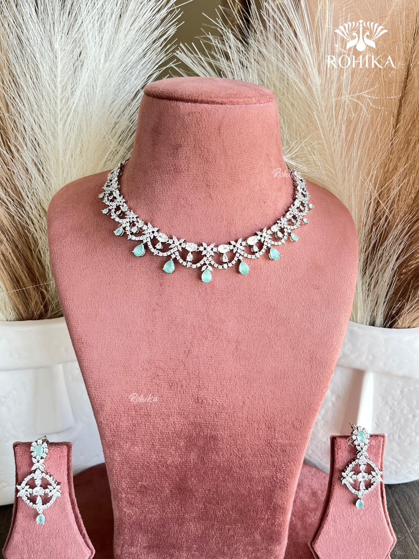 Hinaya American diamond necklace set - Mint green