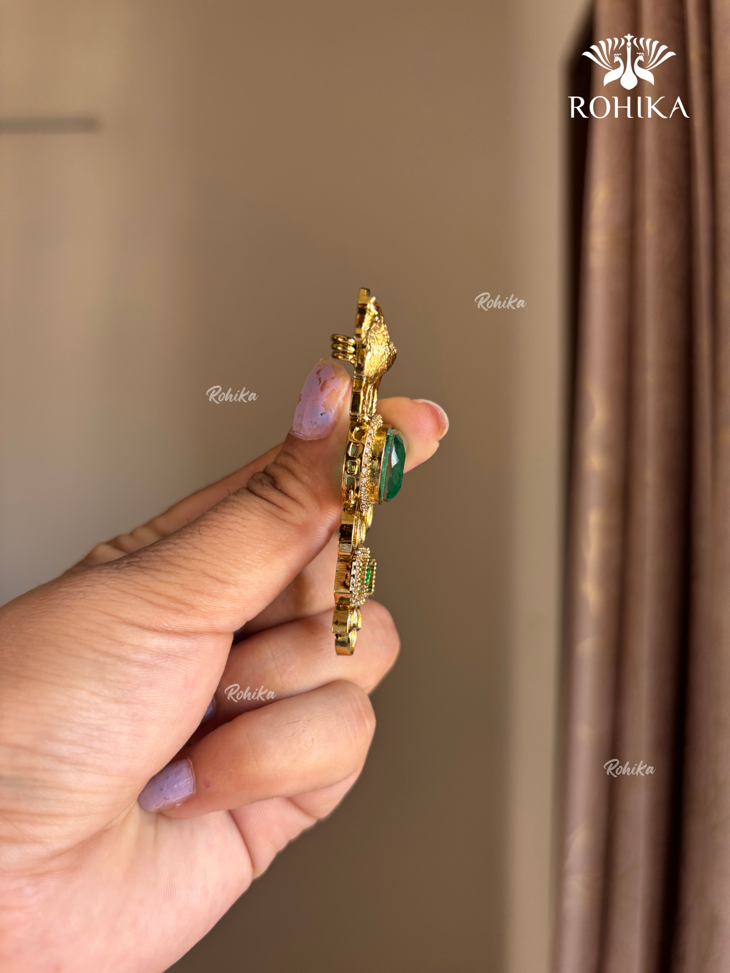 Polki Kundan Brooch (BR-019) - Green and ruby red