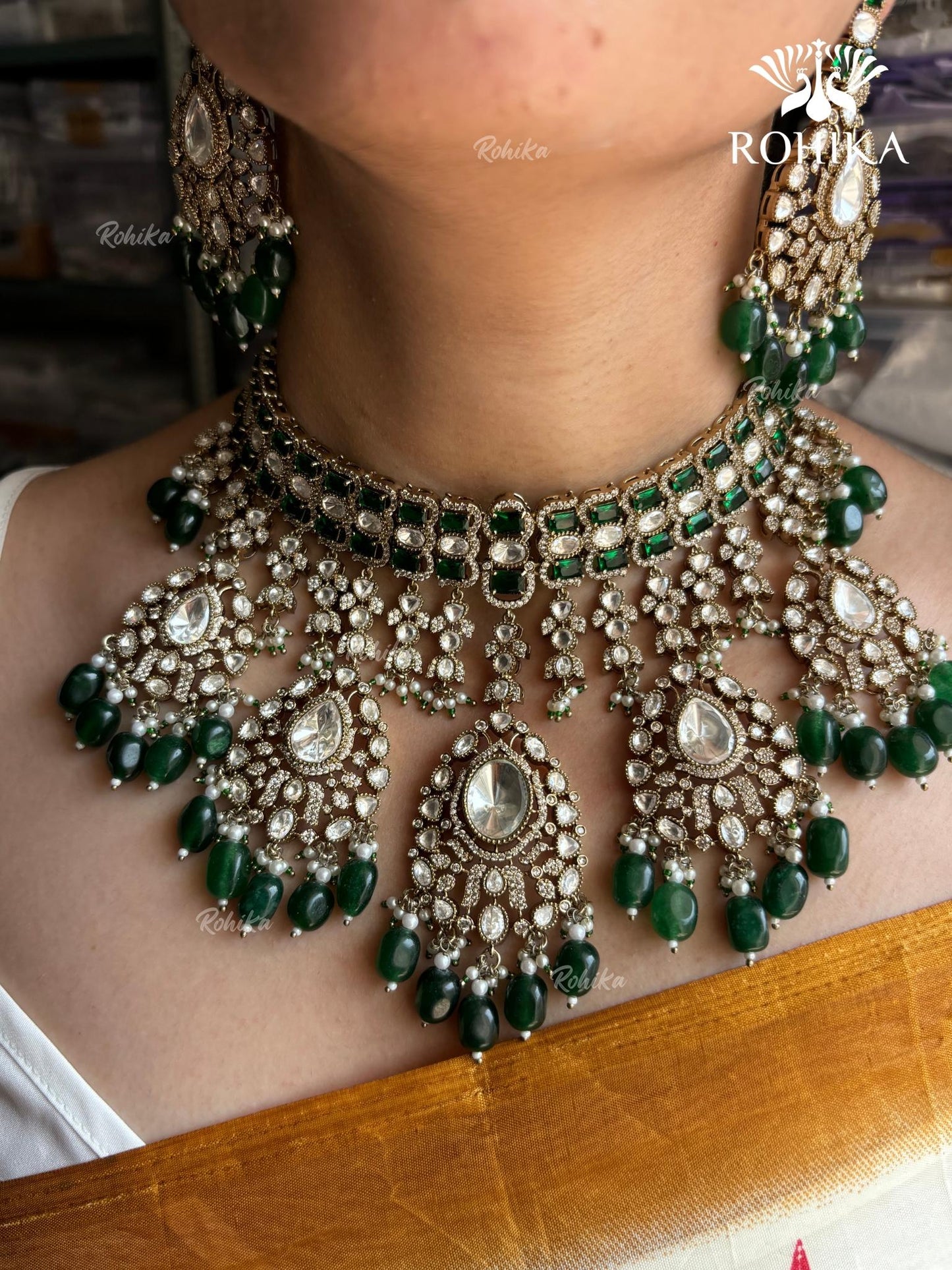 Anokhi Polki Kundan Bridal Necklace Set - Dark green