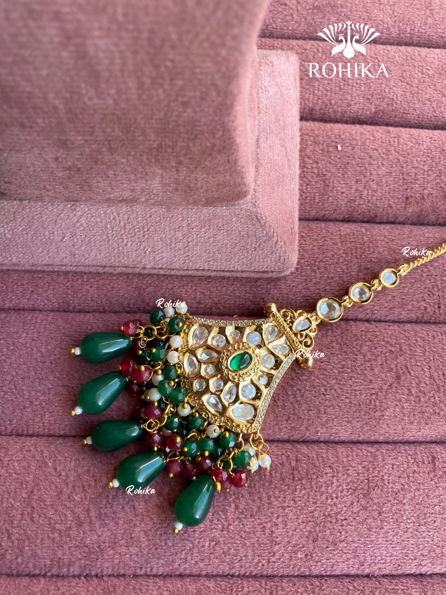 Polki kundan maangtikka (PLKM-039) - Dark green & red