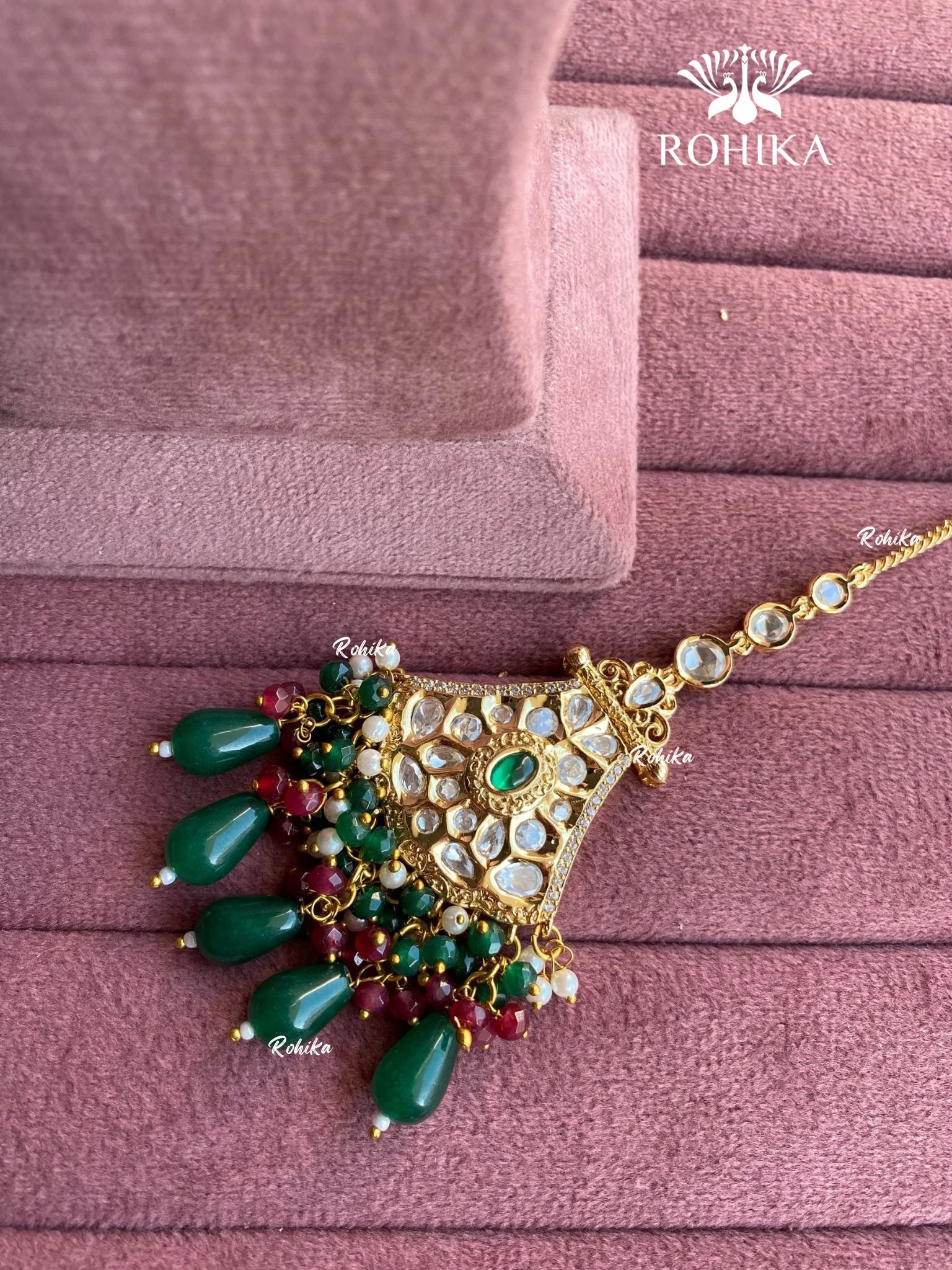 Polki kundan maangtikka (PLKM-039) - Dark green & red