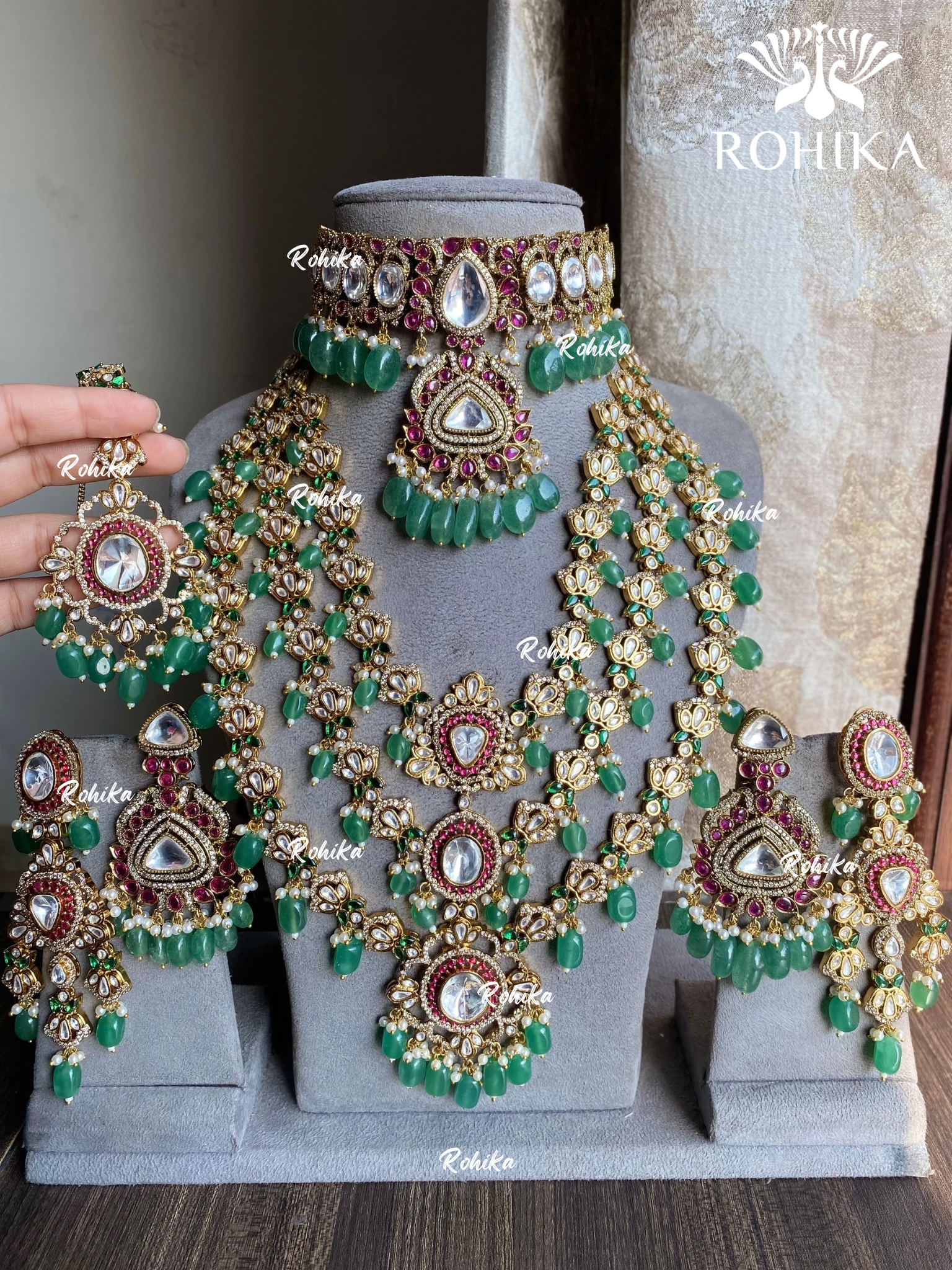 Priyani polki kundan combo set  - Mint Green and red