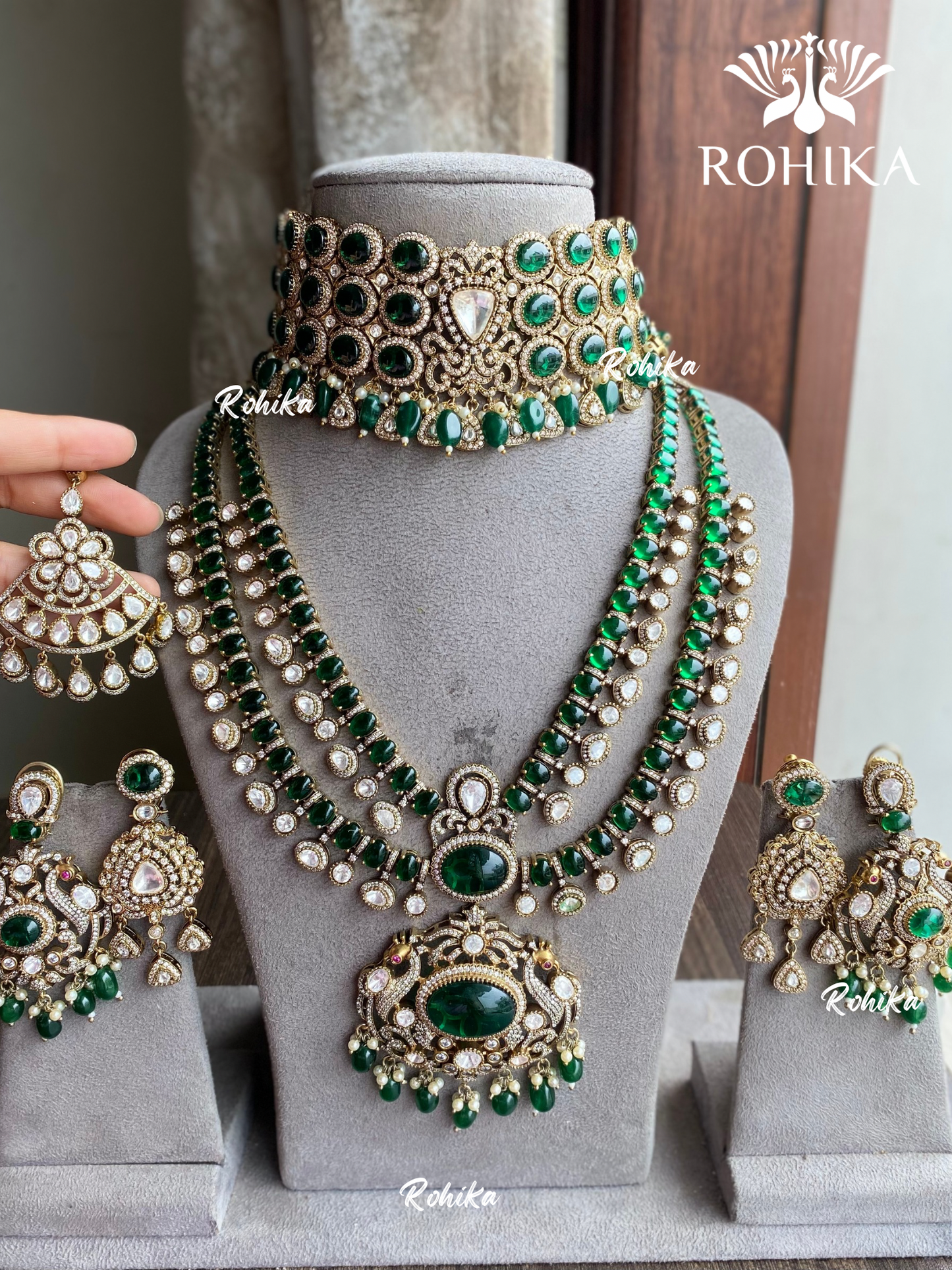 Agasti kundan bridal combo set - Dark Green