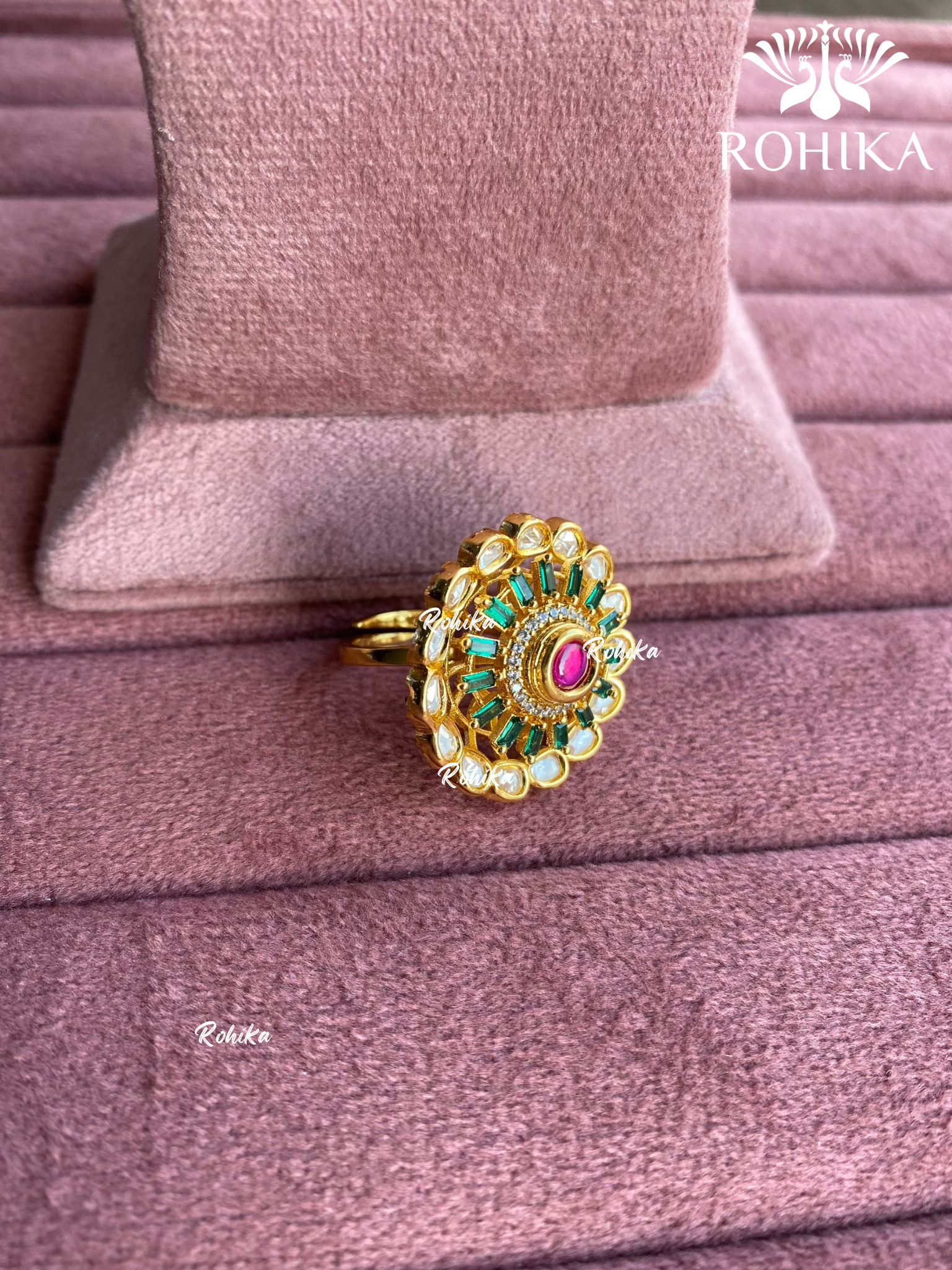 Angana polki kundan ring (SG-085) - Pink & green