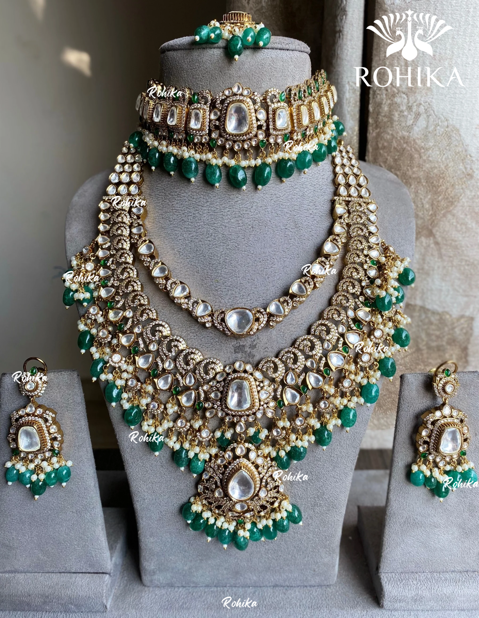 Satya polki kundan combo set -  Dark Green