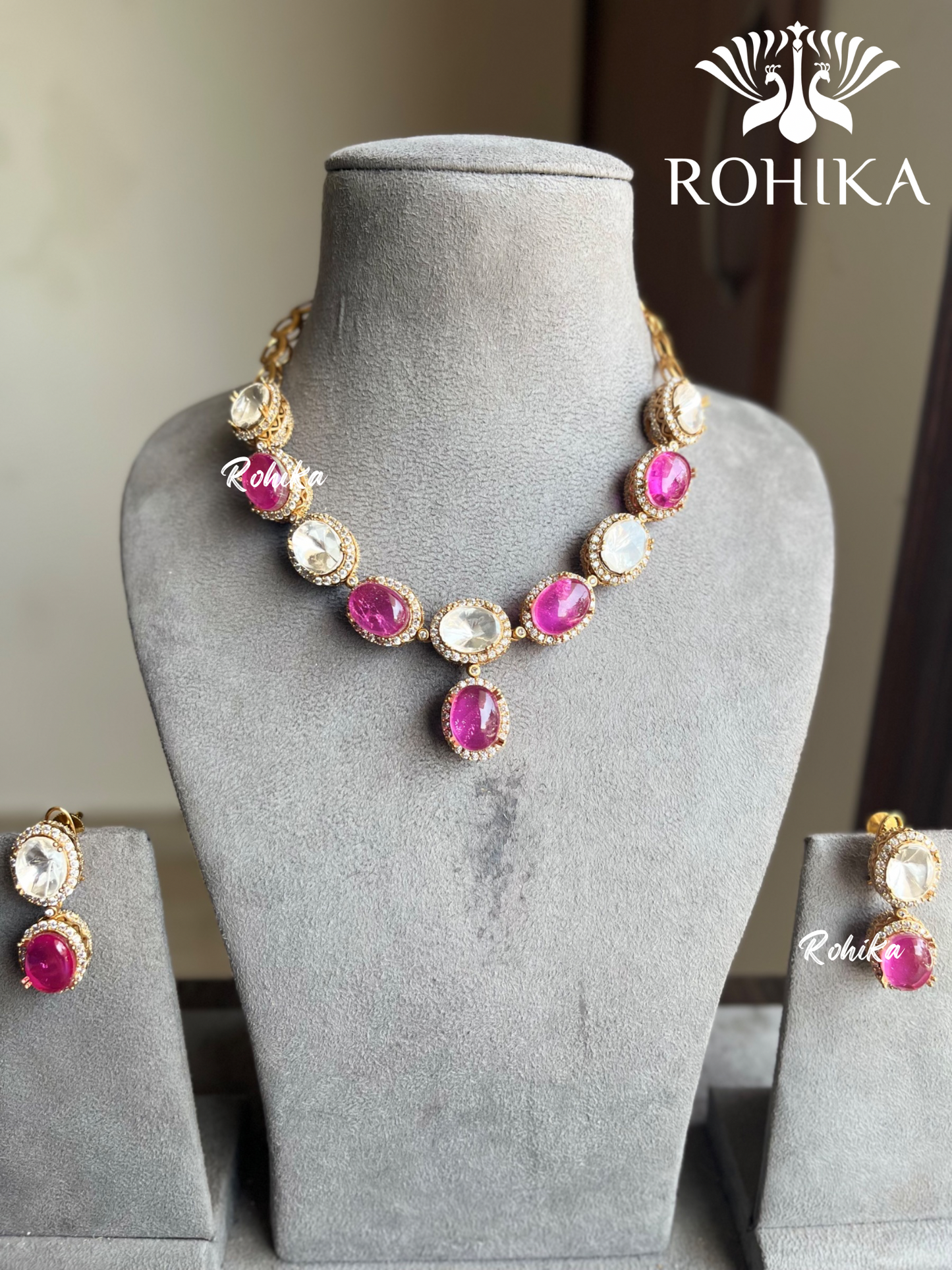 Sona moisanite doublet necklace set - Pink