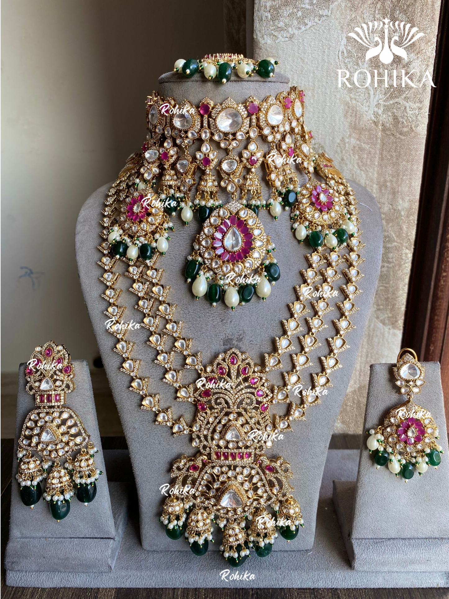 Priksha moisanite polki kundan bridal combo set - Green and Ruby