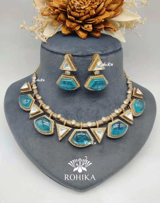 Saraswati polki kundan necklace set - Teal blue