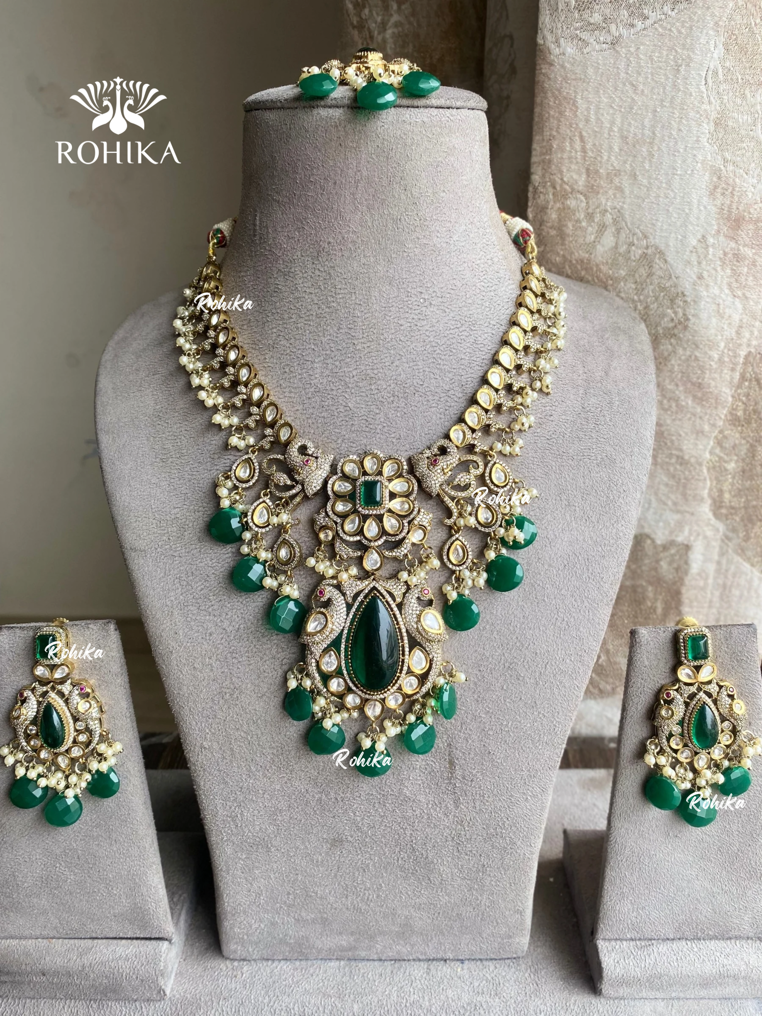 Ekta moisinite kundan necklace set - Dark Green