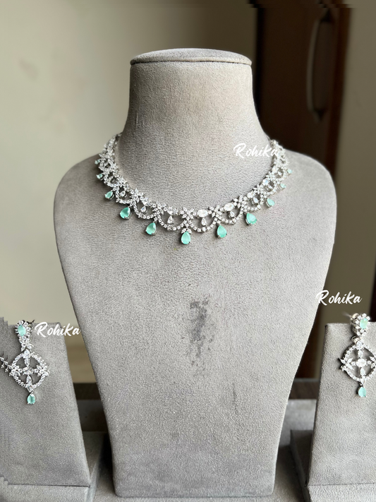 Hinaya American diamond necklace set - Mint green