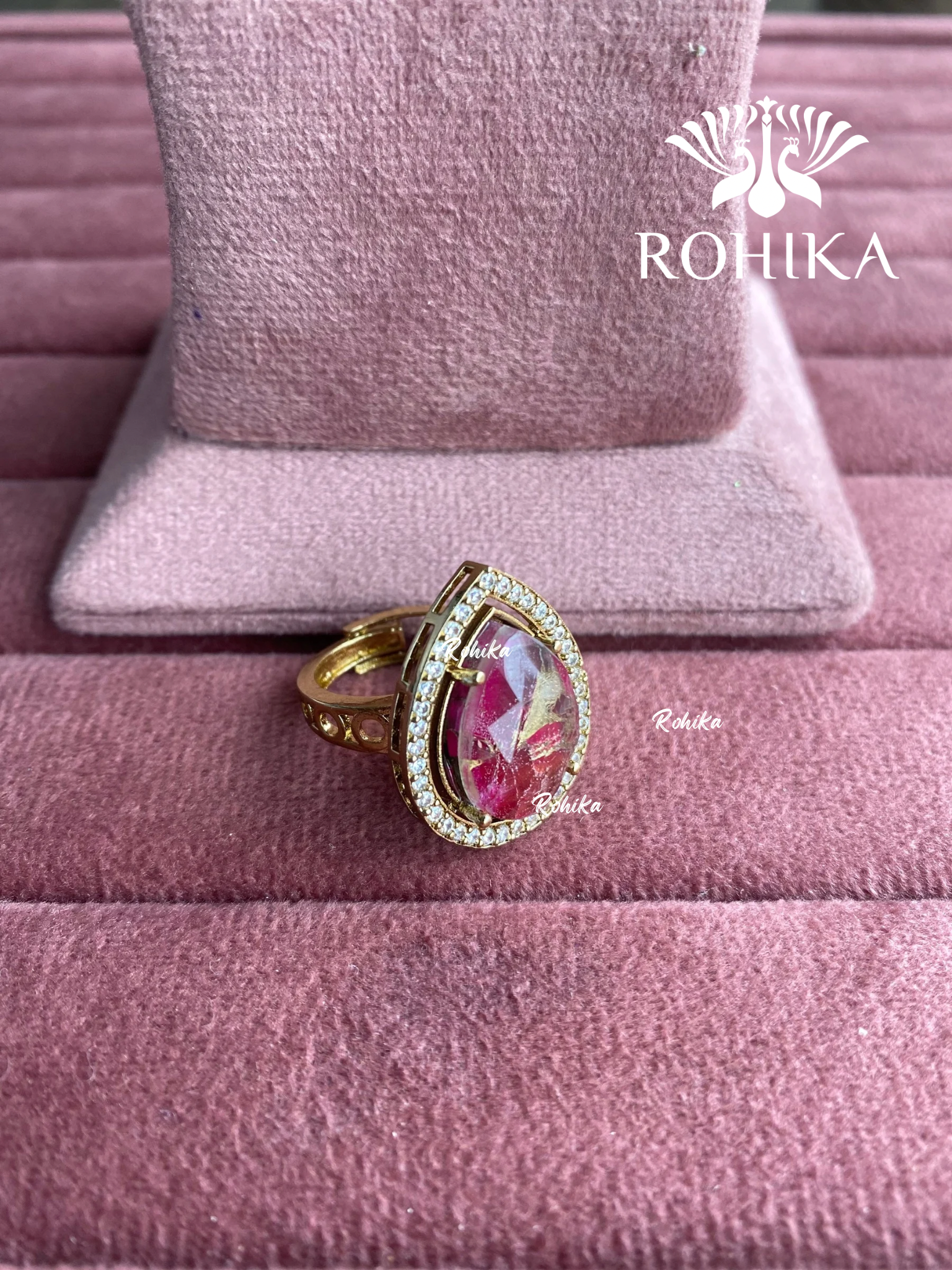 Angana polki kundan ring (SG-091) - Dark pink 