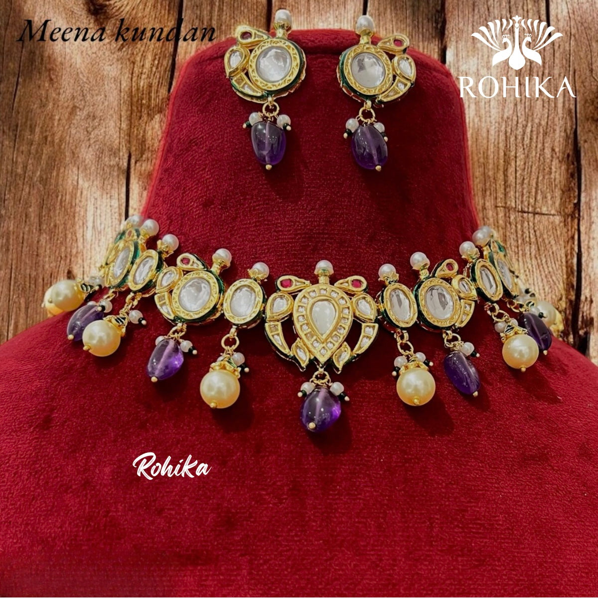Ananta kundan necklace set (N-018)- Purple - Rohika store