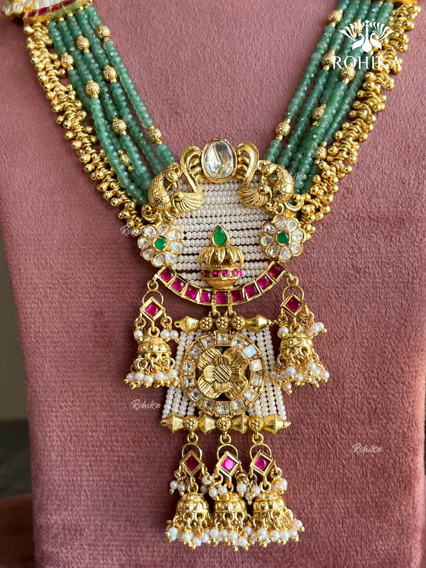 Kalyani Moissanite 22kt Gold Polish Temple Jewellery Set- Mint Green