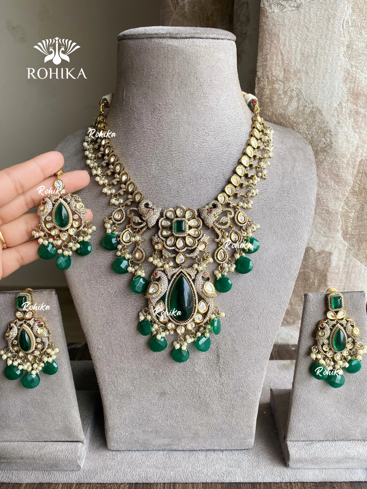 Ekta moisinite kundan necklace set - Dark Green