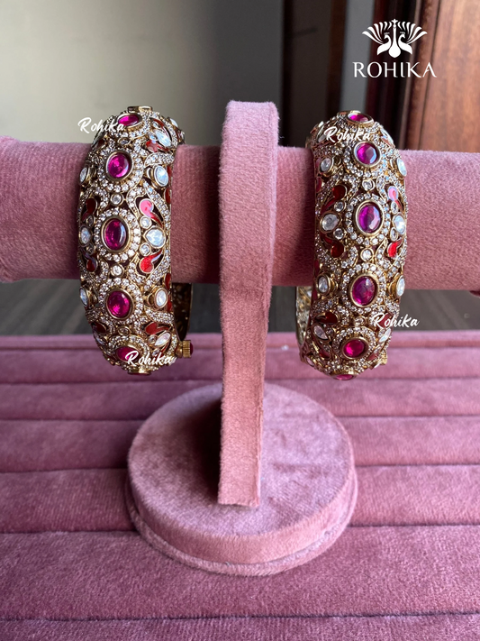 Shree moisinite kundan kada/bangles - Pink & red