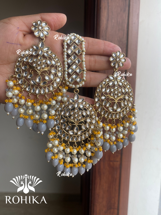 Sapna earrings and maangtikka combo - Grey