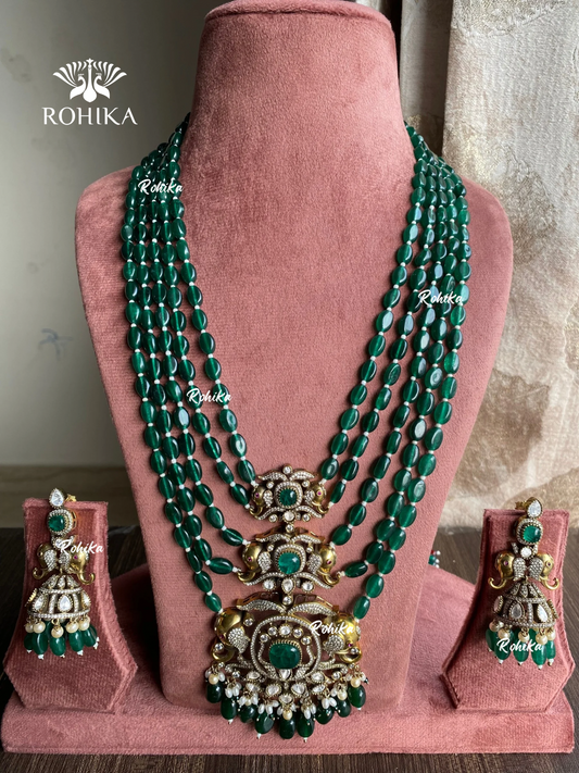 Gannu moisanite long necklace set -  Dark Green