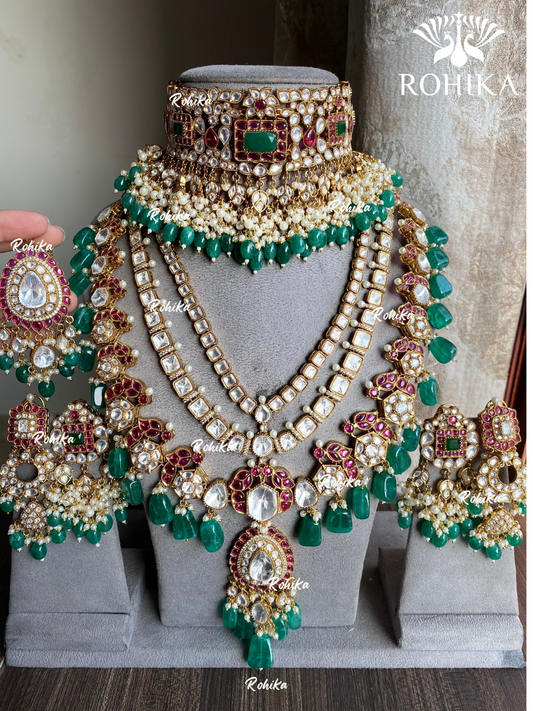 Anmol bikaneri polki kundan bridal combo set - Green and Pink