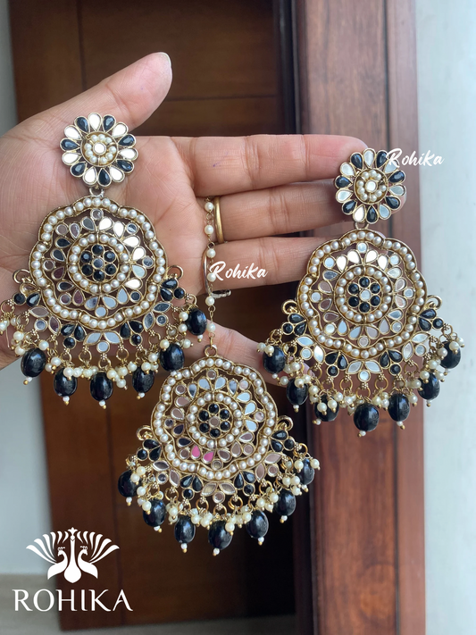 Rashi mirror earrings tikka combo - Black