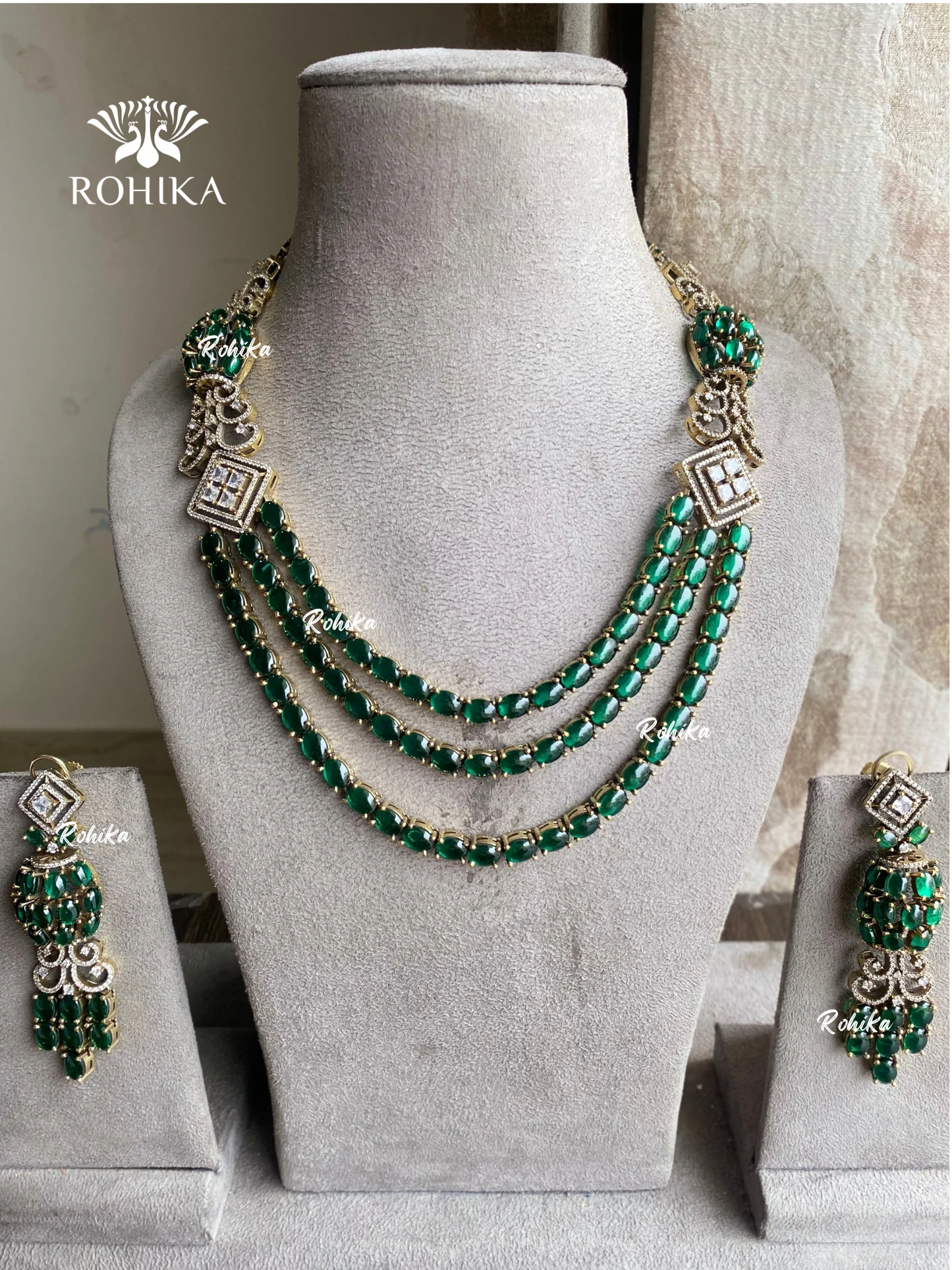 Sangya moisanite & american diamond necklace set - Dark green