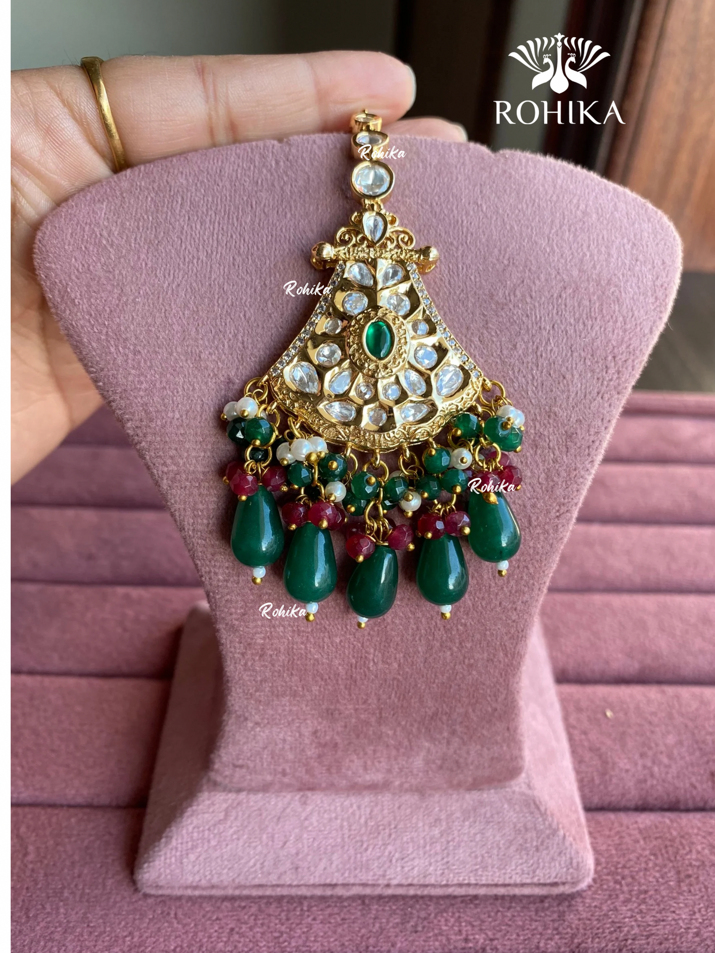 Polki kundan maangtikka (PLKM-039) - Dark green & red