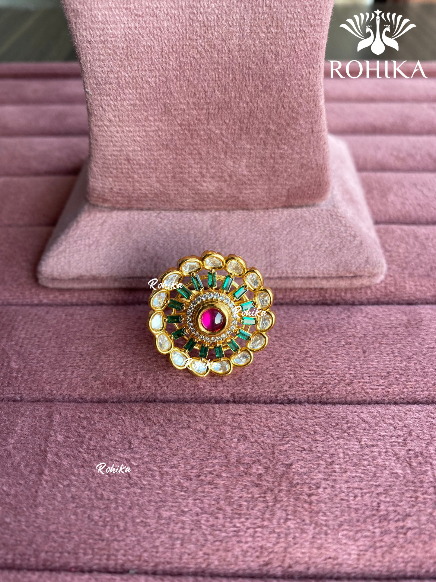 Angana polki kundan ring (SG-085) - Pink & green