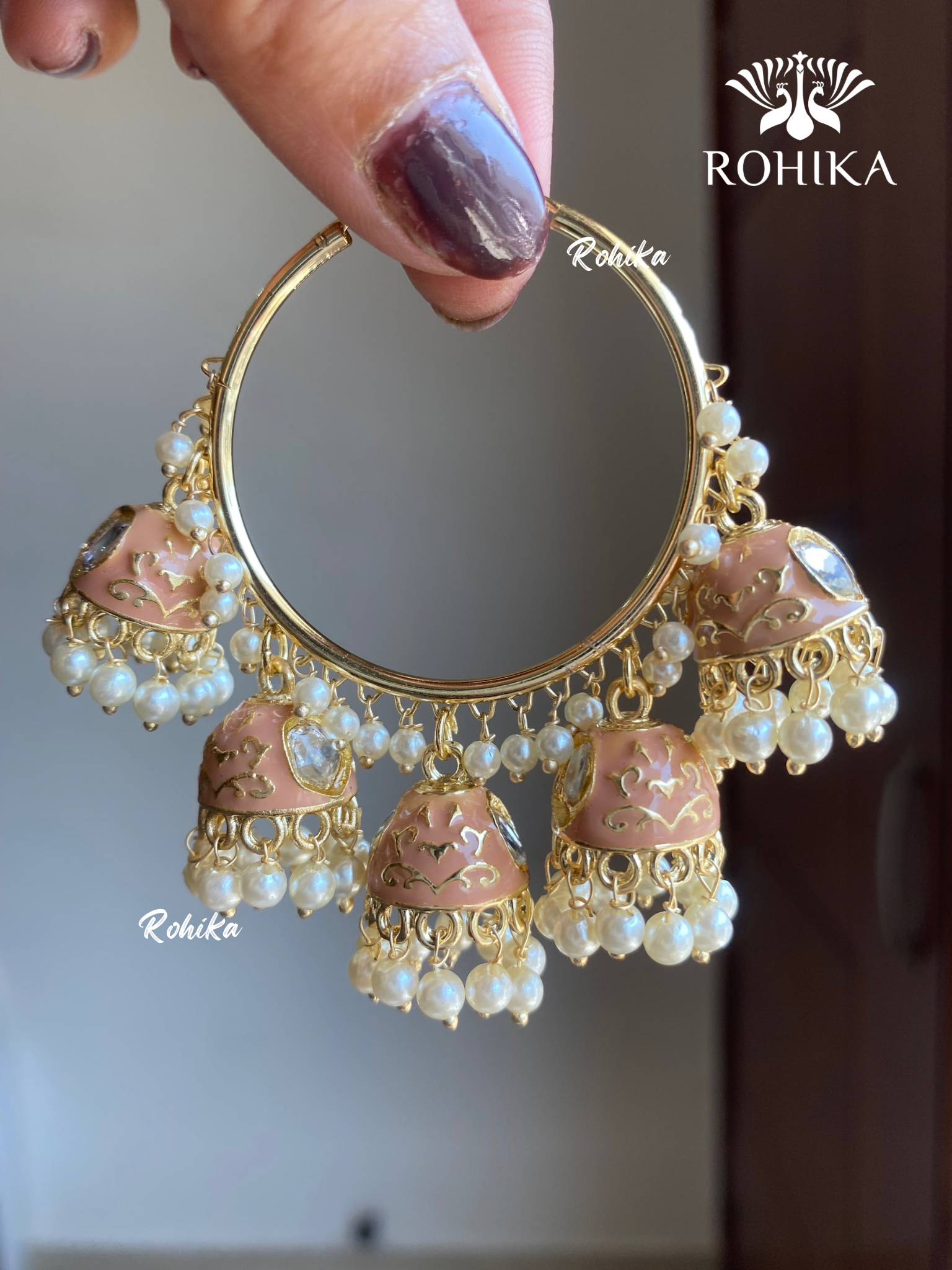 Neena meenakari jhumki bali earrings - Peach