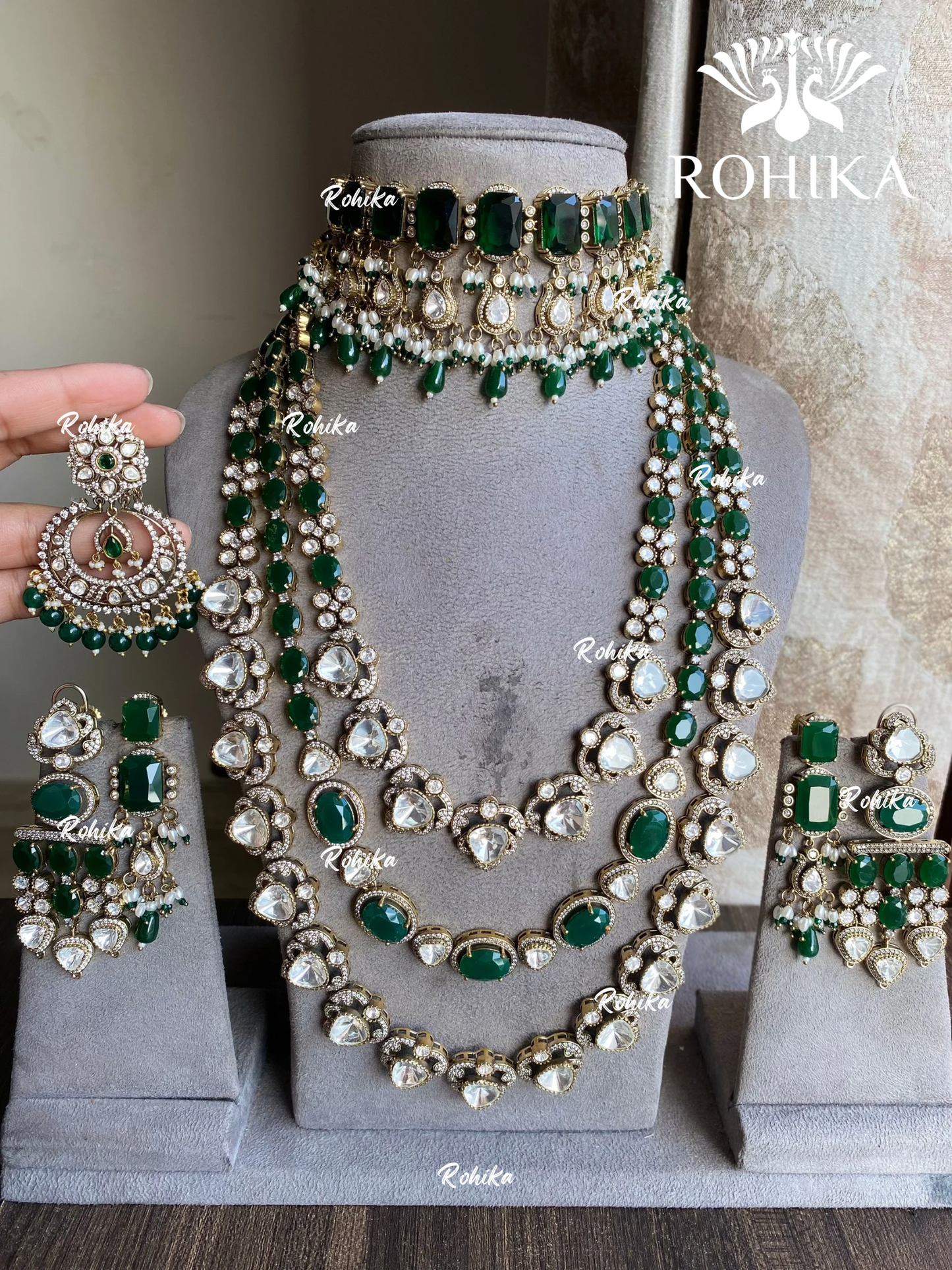 Bhoomika moisanite kundan combo set - Dark Green