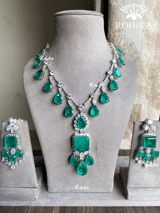 Amba doublets american diamond necklace set - Dark green