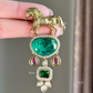 Polki Kundan Brooch (BR-019) - Green and ruby red