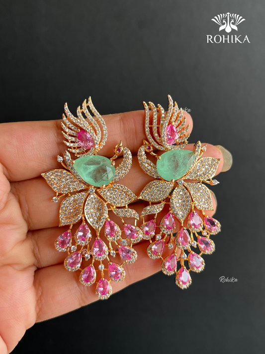 Akruti American Diamond  Earrings - Mint Green And Pink